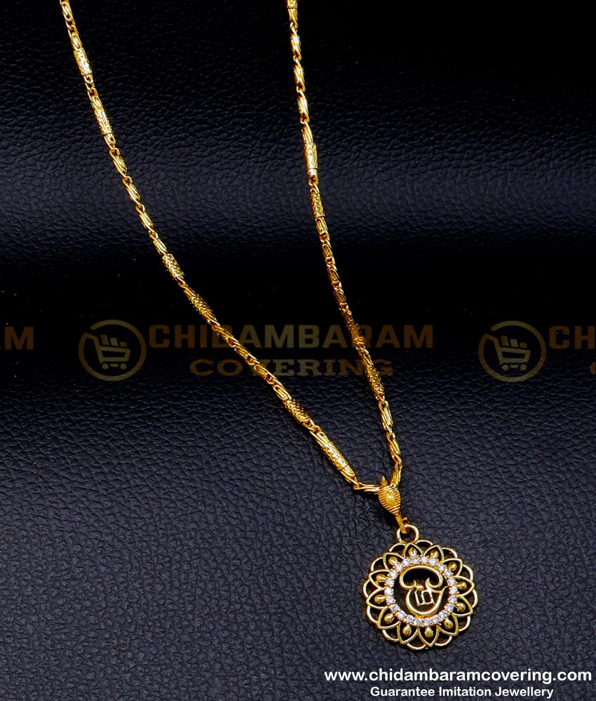om pendant gold chain, Women gold plated chain with pendant, 1 gram Gold Plated Chain, 1gm Gold Plated jewellery online, Short Chain with pendant designs, Gold plated jewellery with guarantee, Gold Dollar Chain Designs for Female, 1 Gram Gold covering Chain