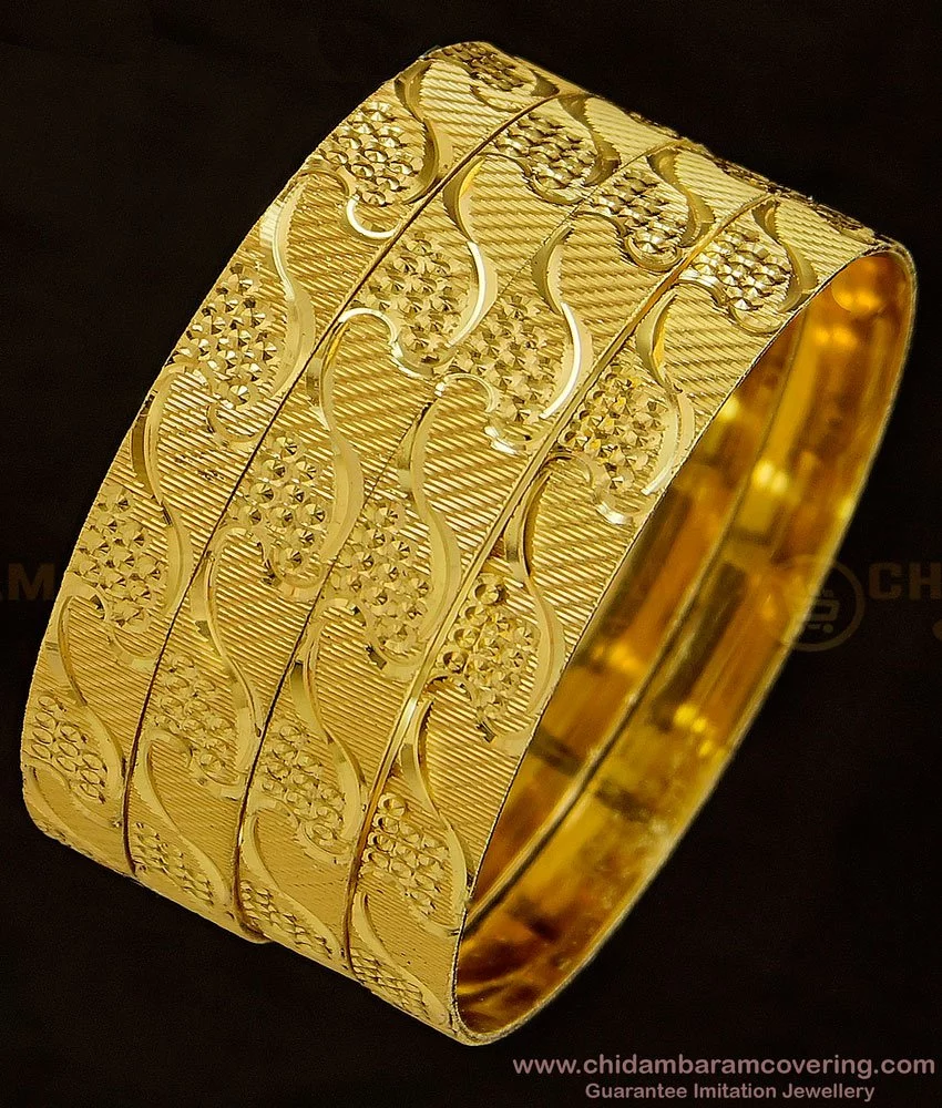Buy Latest Gold Bangles Designs Self Design Broad Flat Bangles Set ...