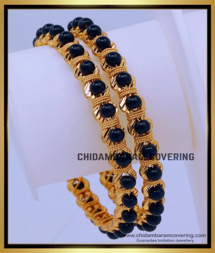 BNG683 - 2.10 Size One Gram Gold Plated Black Beads Bangles Design