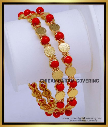 BNG863 - 2.10 Latest Gold Plated Red Coral And Lakshmi Coin Bangles