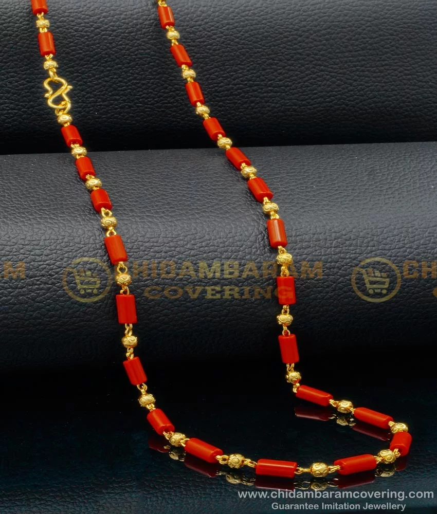 Buy Traditional One Gram Gold Daily Use Red Coral Beads Chain for Ladies