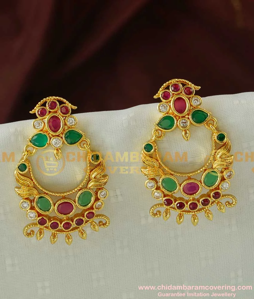 Exquisite Grand Gold Finish Peacock Chandbali Earrings with AD Ruby