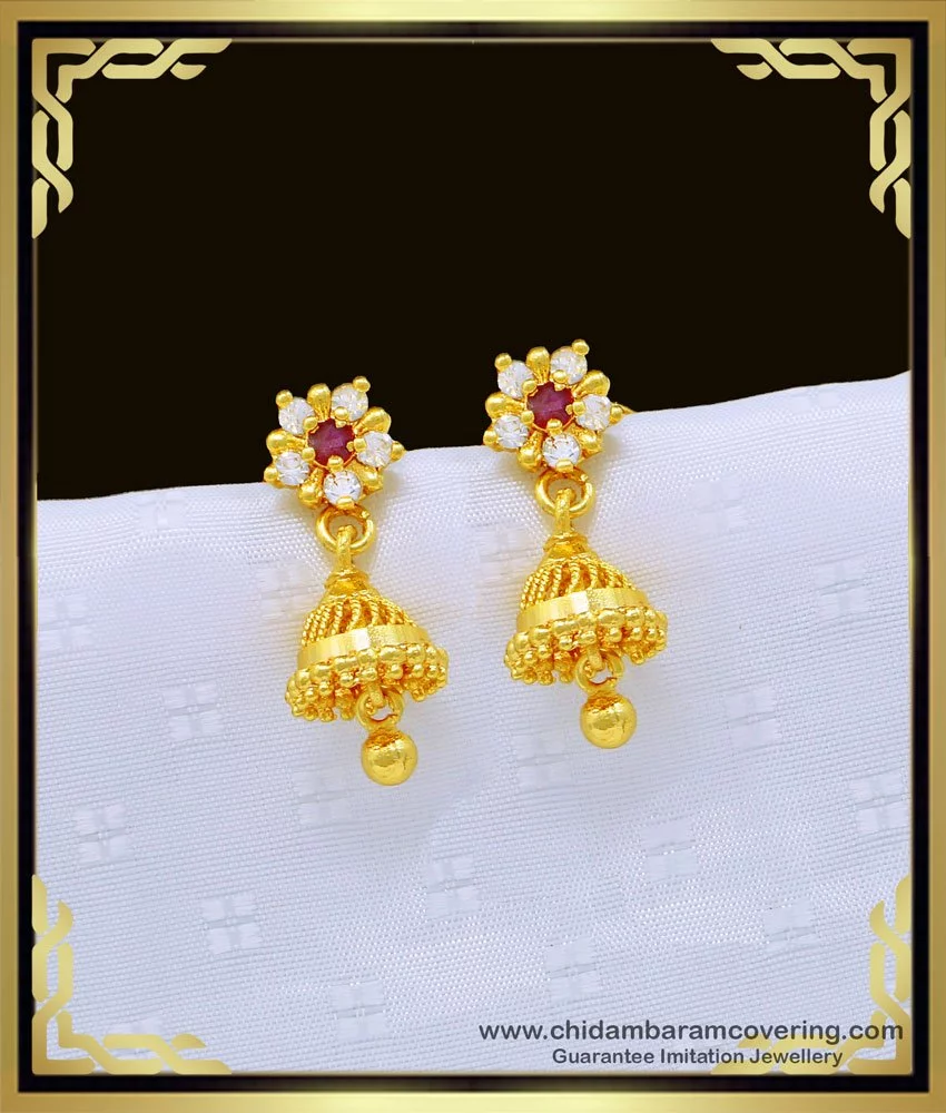 Buy Traditional South Indian White and Ruby Ad Stone Small Jhumkas ...