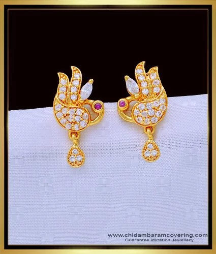 Temple Jewellery - 22K Gold 'Peacock' Jhumkas - Gold Dangle Earrings With  Cz & Beads - 235-GJH1879 in 29.400 Grams