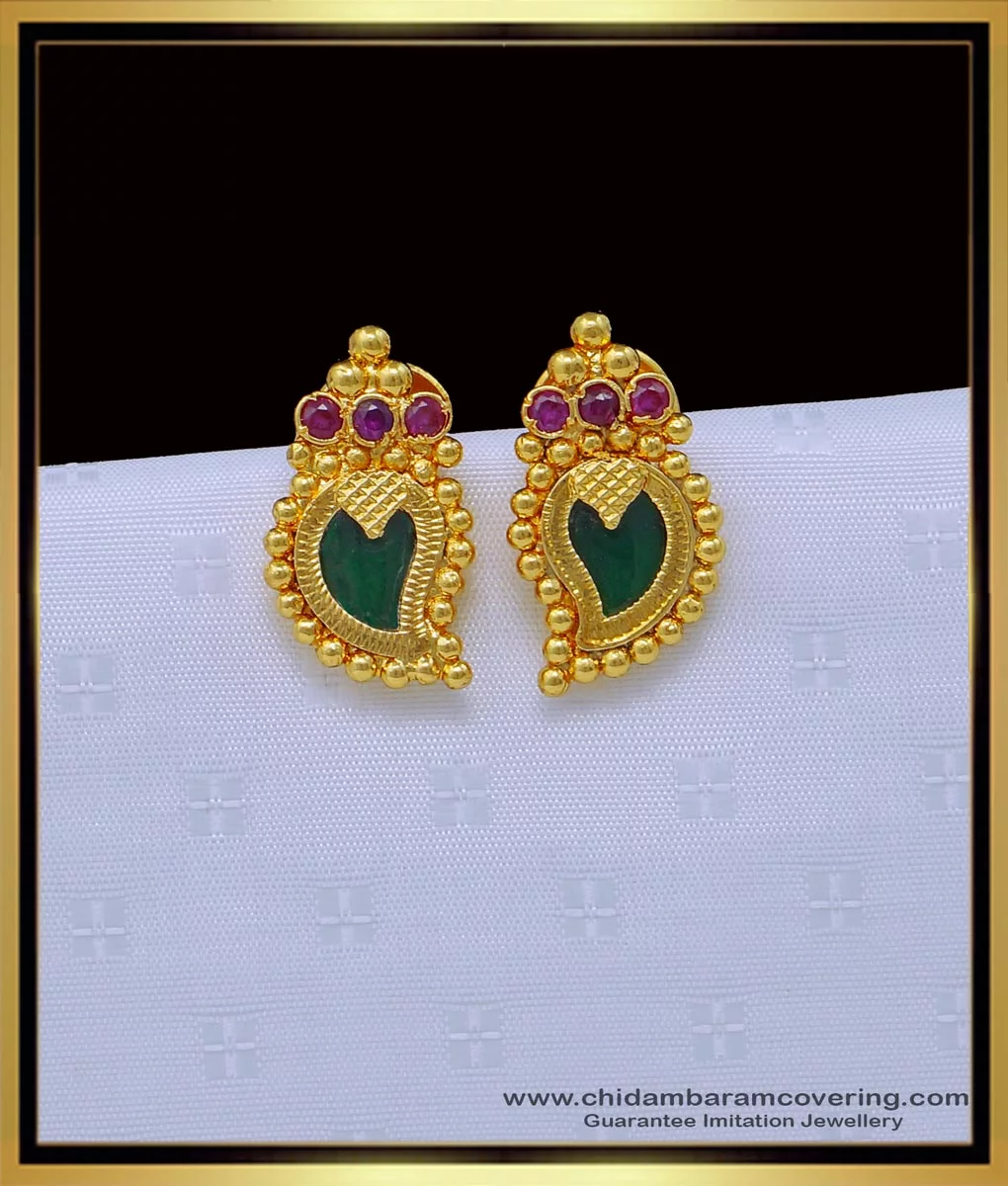 Unique Design Gold Palakka Earring Kerala Studs Collections With Multi  Color Stone ER1332