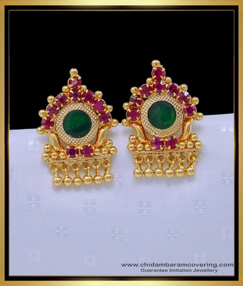 Dark green Dangler flower gemstone handmade earrings at ₹1150 | Azilaa