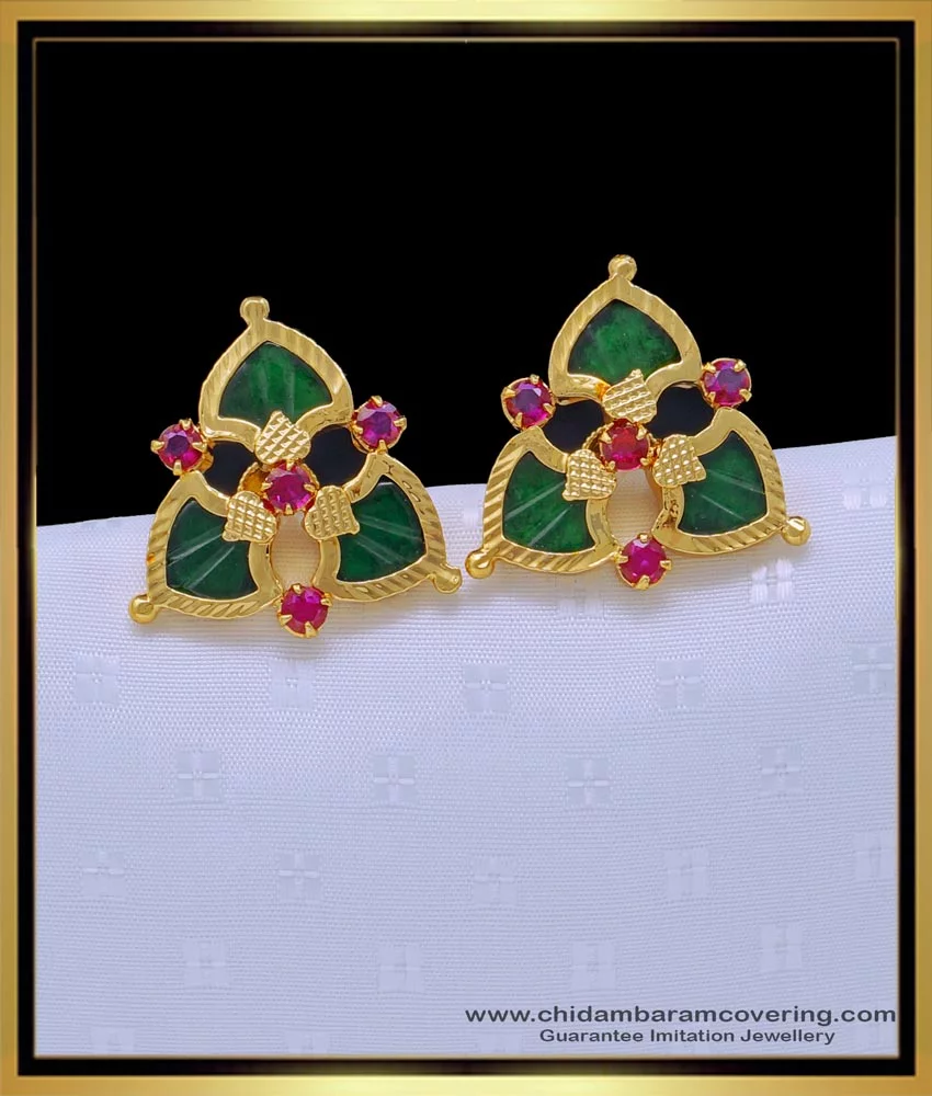 One Gram Gold Designer Double Green Palakka Earring with Ruby Stones  MG-1070 - Mahitham