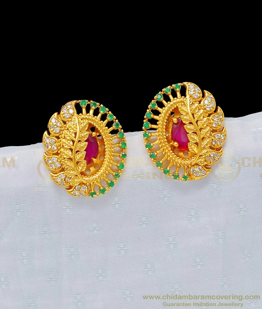 Matt Gold Finish Perumal (Tirupati Balaji) Pendant With Earrings, Ruby Pink