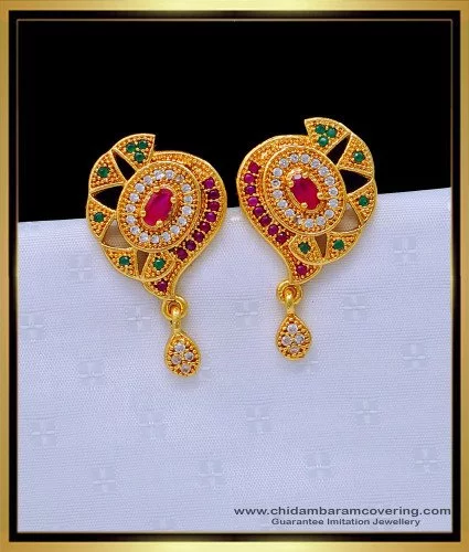 White Diamonds With Red Stone Stud Earrings