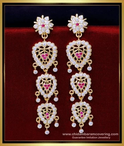 Buy Impon White Stone Flower Design 3 Line Stone Chain Earrings Designs