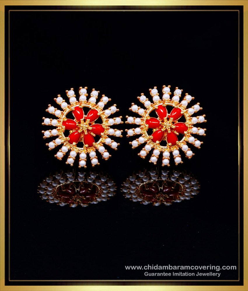 pavalam stud earrings, earrings design pearl, red beads studs, red coral stud earrings, red coral earrings,  stud earrings gold design, stud earrings artificial, round earrings, ear rings new models, ear studs set, earrings design, stud earrings, stud earrings design