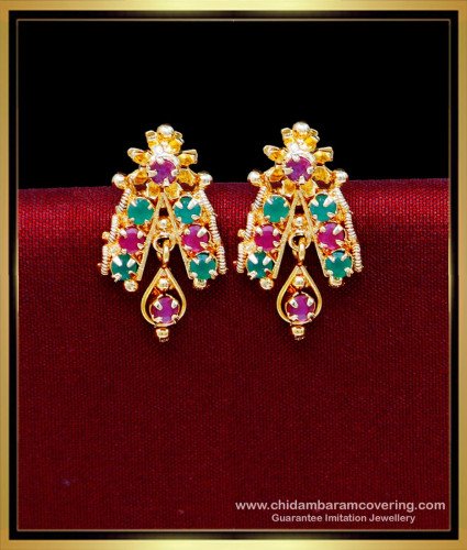 ERG2176 - Trendy Ruby Emerald Daily Use Earring Stud Design Gold