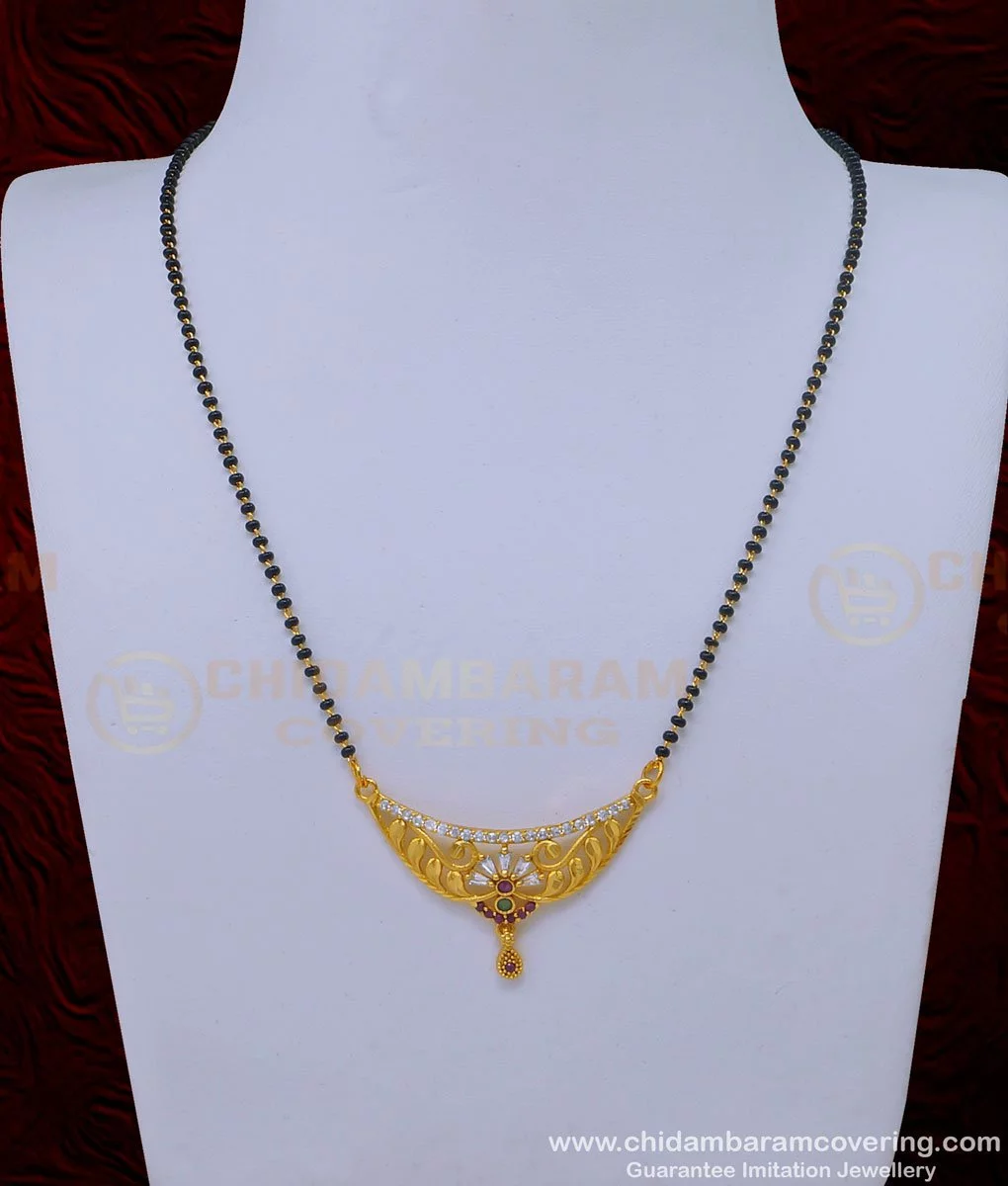 Buy American Diamond Stone Pendant with Black Beads Gold ...