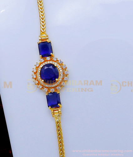 MCHN536 - Gold Plated Blue Stone Mugappu Chain Latest Designs