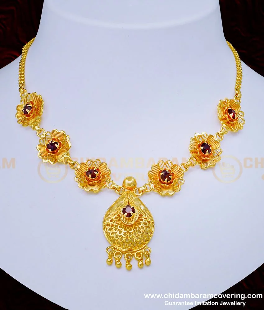 Buy Unique Party Wear Ruby Stone Flower Design Short Necklace for ...