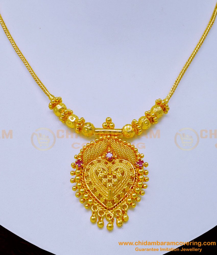 NLC1040 - Elegant Simple Gold Necklace Design Ruby Stone Gold Covering Necklace Online