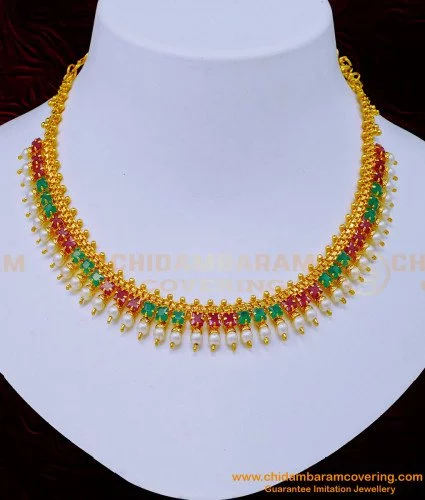 Buy Latest Party Wear 1 Gram Gold Ruby Emerald Stone Pearl Necklace for  Lehenga