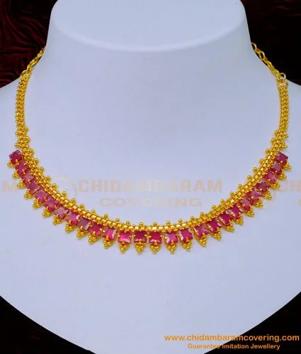 ANTIQUE GOLD PLATED PEARL & RUBY NECKLACE SET – Sanvi Jewels