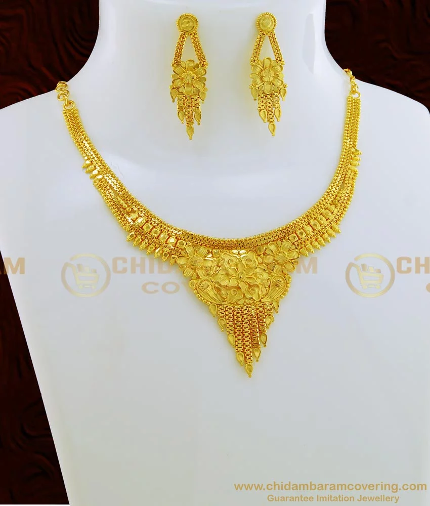 MICRO GOLD PLATED DESIGNER BROAD NECKLACE JEWELLERY SET WIRH EARRINGS FOR  GIRLS AND WOMEN