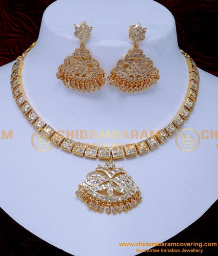 NLC1411 - Traditional Gold Design White Stone Impon Necklace Set