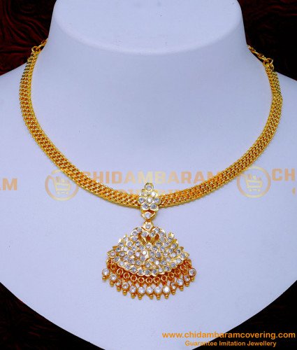 NLC1427 - Gold Model Impon Stone Necklace White Ad Stone Attigai