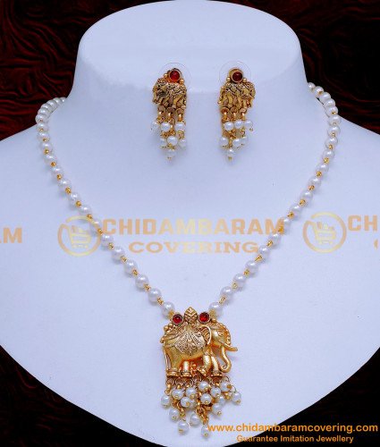 NLC1442 - Elegant Antique Elephant Design Pearl Jewellery Set