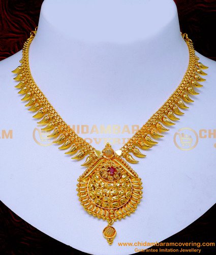 NLC1483 - Latest Mango Design Ruby Stone Gold Plated Necklace