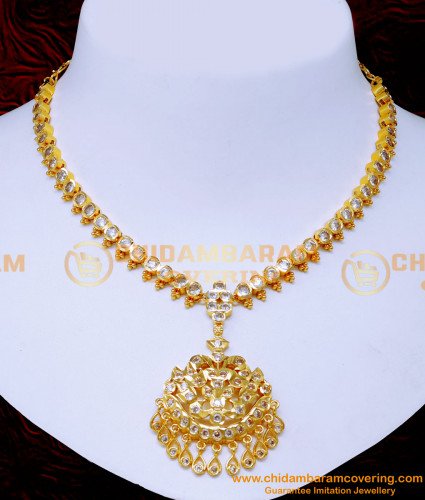 NLC1494 - Traditional Gold White Stone Impon Necklace Designs