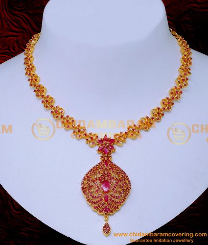 NLC1545 - New Model Simple Ruby Necklace Designs for Saree