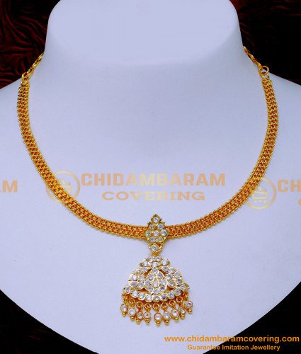 NLC1573 - Real Gold Look White Stone Gold Jigani Necklace Models